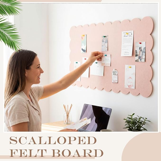Mooliwe Scalloped Felt Bulletin Board 36 x 18 Inches Foldable Flesh Pink Pin Cork Board Alternative for Wall, 3' x 1.5' Trifold Picture Vision Self Adhesive Bulletin Decorative
