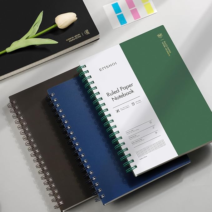 EMSHOI A4 College Ruled Spiral Notebook, Large 8.27"x11.2", Thick 300 Pages/150 Sheets, 100GSM Ink-Proof Waterproof PVC Cover Lay-Flat Lined Journal for Work Office School Writing, Black