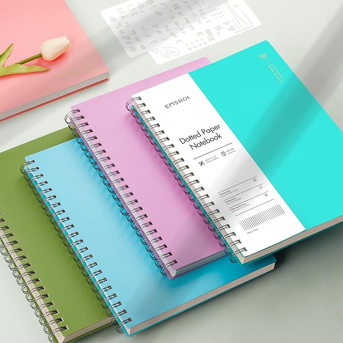 EMSHOI Dotted Journal Spiral Notebook, 300 Pages, A4 Large 8.27"x11.2", 100 GSM Thick Paper, Flexible Plastic Cover, 5mm Dot Grid Notebook for Journaling, Planning, Drawing, Writing, Purple