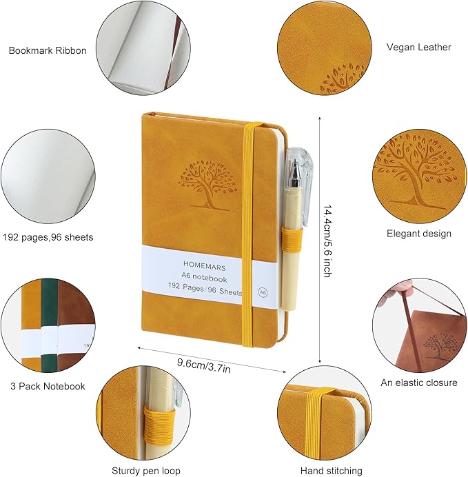 HOMEMARS Small Notebook, Pocket Notebook, 3 Pack, Notebook A6, Dotted,3.7" x 5.7"Leather, Brown, Green, Yellow,192 Pages Each, Hardcover, Mini Journal Notepad, Embossing Tree Design