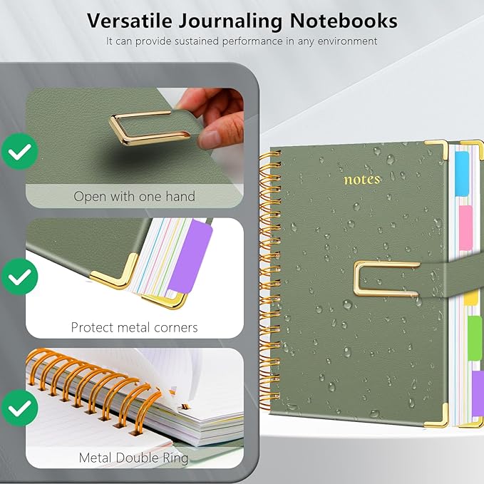Hardcover Spiral Notebook College Ruled, 6.2"x 8.2" Leather Journal Notebook with Magnetic Closure, 300 Pages 5 Subject Notebook with Dividers Tabs Journal for Women Men, Work, School(Sage Green)