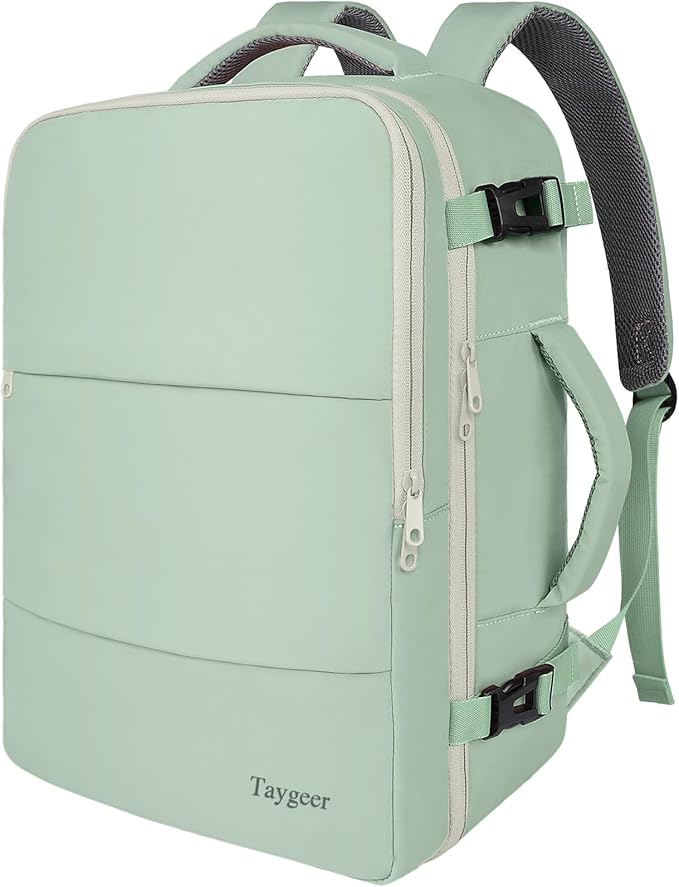 Taygeer Carry On Backpack, 35l Travel Backpack for Women Airline Approved, Cute Underseat Personal Item Travel Bag With Shoe Compartment, Casual Daypack Gifts for Friend Weekend, Green Beige