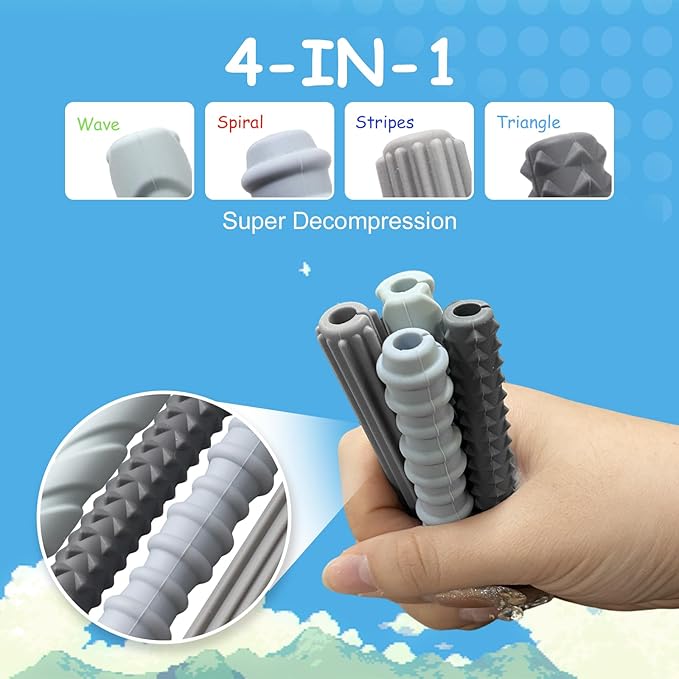 Pencil Grips, 4-Pack Textured Silicone Sleeves for Mechanical Pencils, Sensory Fidget ADHD Tool for Kids and Adults, Quiet Fidget Tools for Classroom Focus, Anxiety Relief(Black&Grey Set)