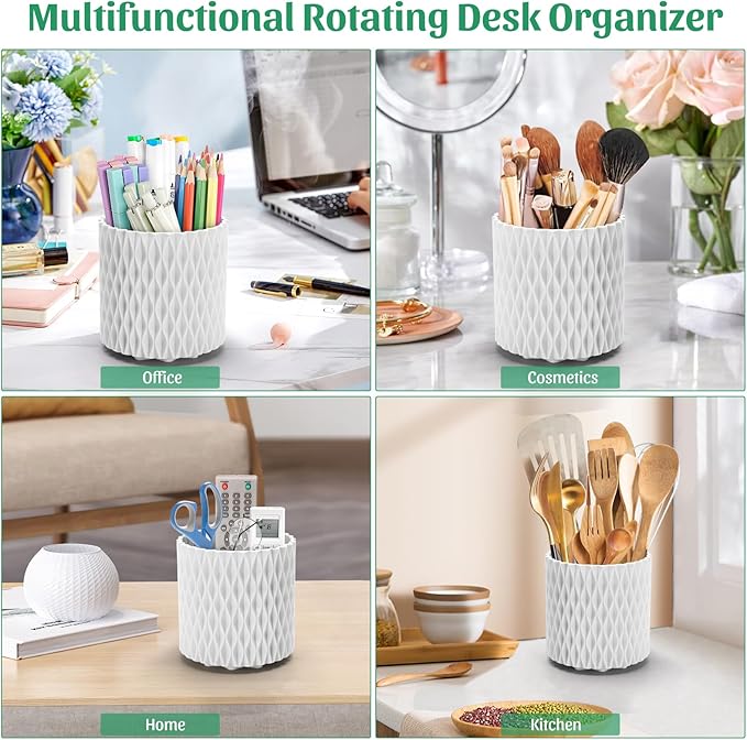 minimaliving Desk Organizer,Stylish Rhombus Pen Holder for Desk 360°Rotating Office Desk Accessories,Pencil Cup with 5 Compartments Storage Box Caddy for Office,School,Home,Art Supply(White)