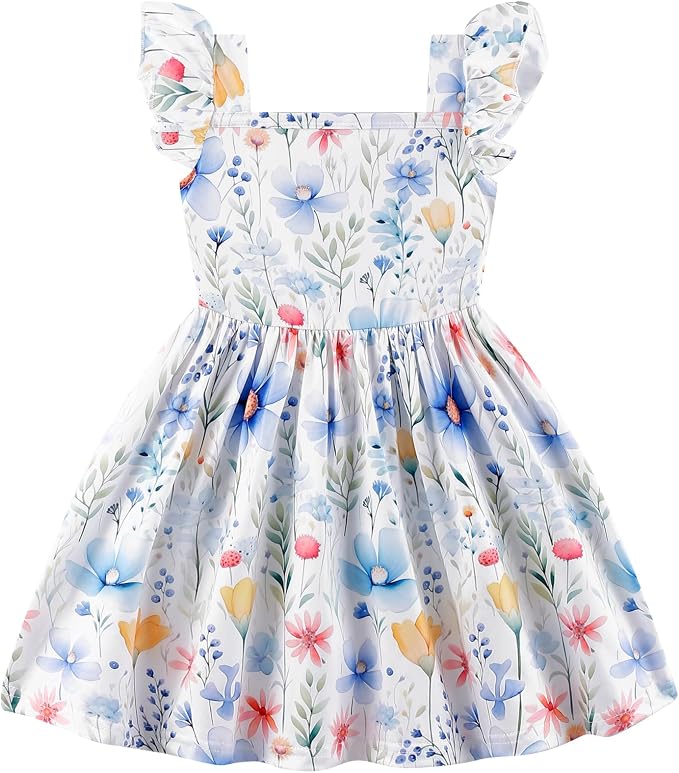 Popshion Girls Dresses Flutter Sleeve Swing Sundress Toddler Summer Clothes Kid Birthday Party Sleeveless Dress 1-8 Years Old