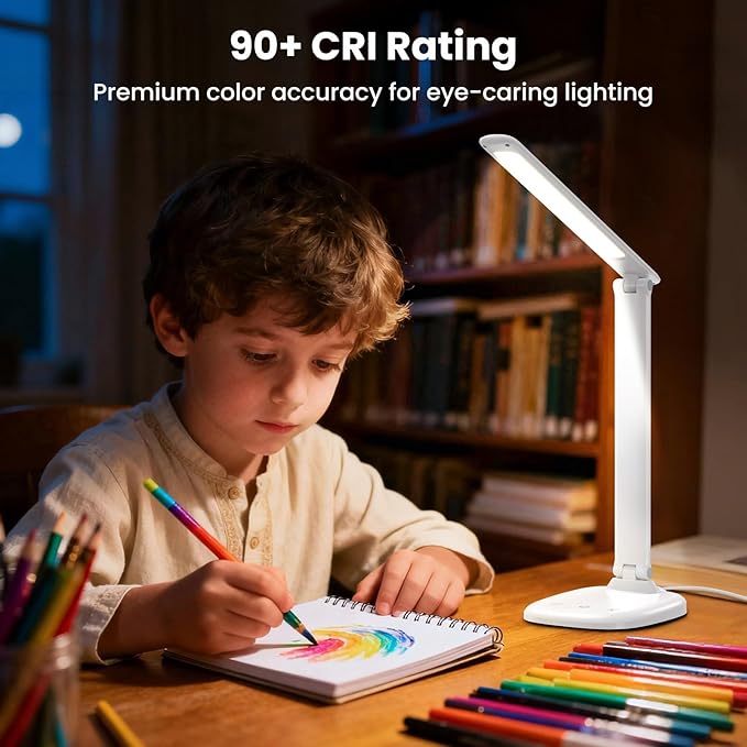 Desk Lamp with Charger, 10%-100% Stepless Dimmable & 5 Color Modes Study Lamp, Touch Control, 30-/60-minute Timer, USB Charging Output Port, CRIโฅ90, Eye-Caring Foldable LED Desk Lamps for Home Office