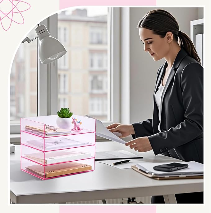 Harloon 4 Tier Paper Organizer Letter Tray Pink Acrylic Desk File Organizer Heavy Duty Stackable Documents Clear Letter Paper Holder Office Tray for A4, Office Classroom Home File Pad Notebooks