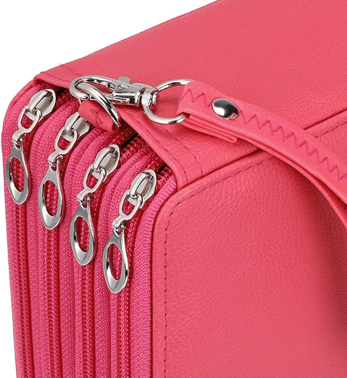 BTSKY 200 Slots Colored Pencil Organizer - Deluxe PU Leather Pencil Case Holder With Removal Handle Strap Pencil Box Large for Colored Pencils Watercolor Pencils (Pink)