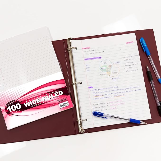 BAZIC Products Filler Paper Loose Leaf Papers 100 ?Sheet, Wide Ruled 3 Hole Punched for Ring Binders, for Office School Student Writing, 36-Pack