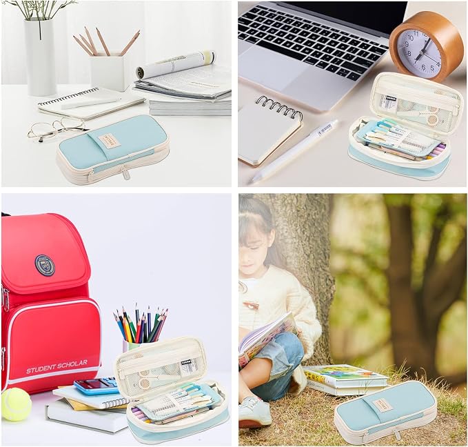 MAMUNU Expandable Pencil case with compartments, Large Capacity Pencil Cases Pencil Bag Pouch Office School, Portable Pencil Case Large School Stationery Organizer, Makeup Cosmetic Bag, Blue