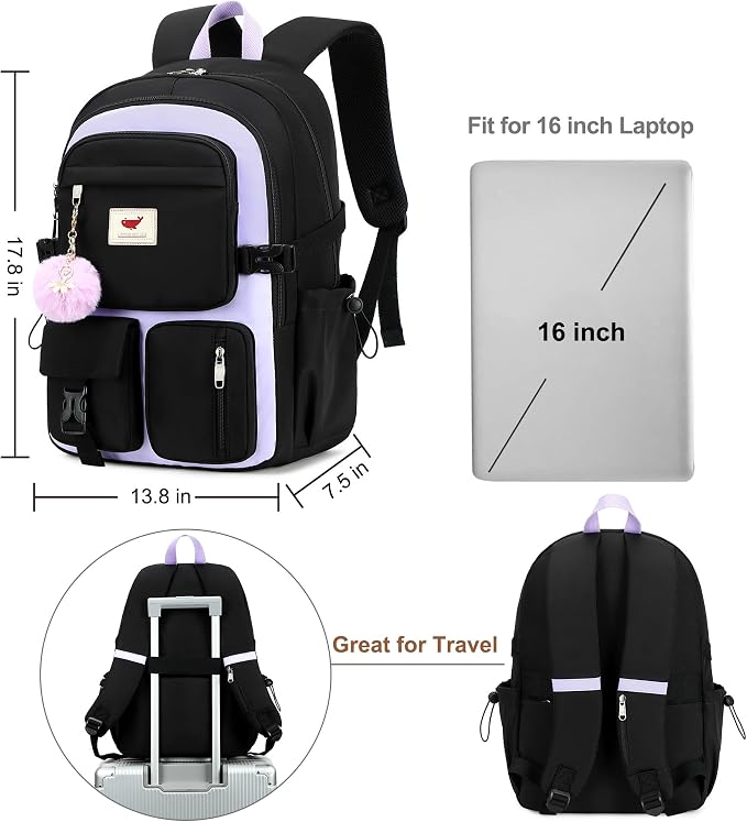 LXYGD Laptop Backpack 15.6 Inch Kids Elementary Middle High School Bag College Backpacks Anti Theft Travel Back Pack Large Bookbags for Teens Girls Women Students (Black Purple)