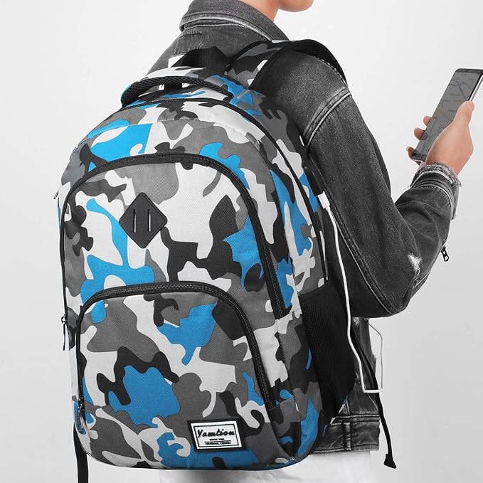 School Backpack for Teen Boys,Bookbag for High School College Backpack with USB,Camouflaged Blue
