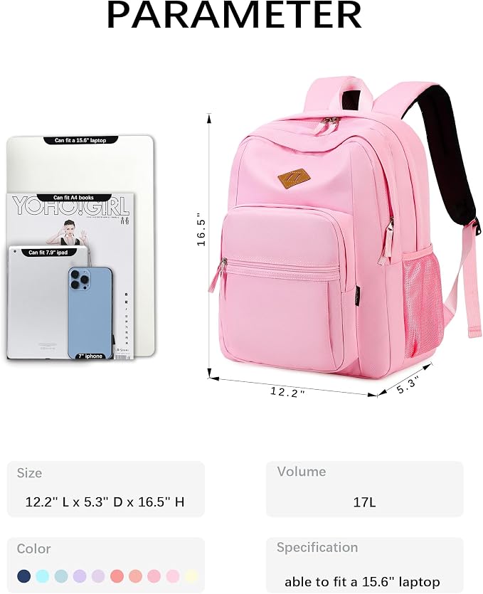 abshoo Girls Solid Color Backpack For College Women Water Resistant School Bag (Pink)