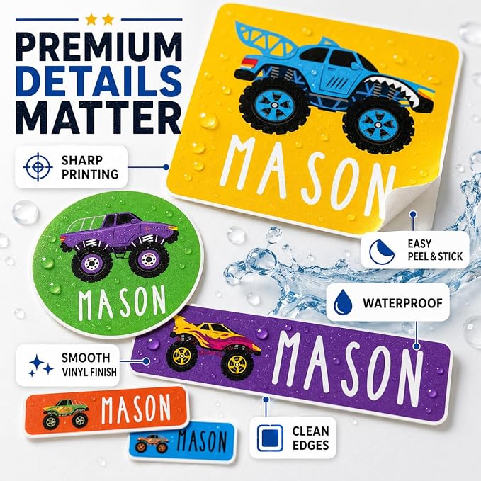 Andaz Press Custom Personalized Waterproof School Name Labels, Monster Trucks, 120-Pack, Kids Labels Combo, Customizable Name Stickers Personalized School Supplies Camp Label Daycare Stickers