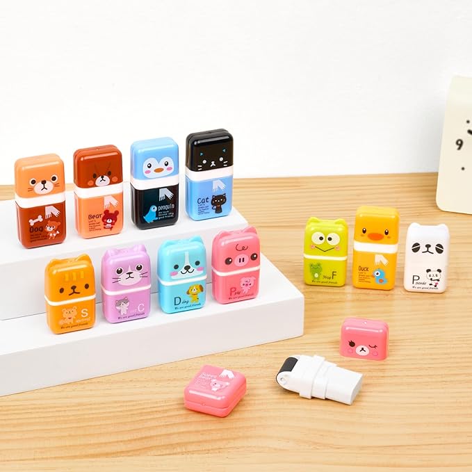 Sooez 12 Pack Pencil Erasers, Cute Erasers Pencil Eraser with Clean up Roller Pencil Eraser Shaving Roller Case Erasers for Party Favors Gift Supplies