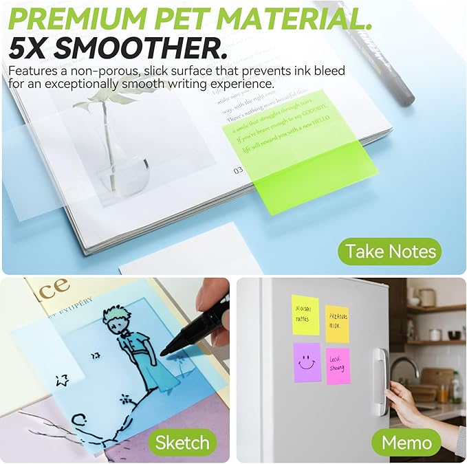 Transparent Sticky Notes with Marker Pen, Tecolu 7 Pads Clear Sticky Notes Sets, 5X The Sticking Power Translucent Sticky Note Pad, Waterproof & See-Through Sticky Notes