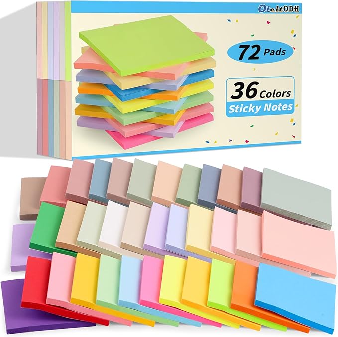 72 Pack Sticky Notes Bulk 3 x 3 in Self-Stick Note Pads Colorful Posted Note in 36 Colors Adhesive Paper Memo 50 Sheets/Pad Easy to Post for Office Home School Meetings Notebook Wall Door Window