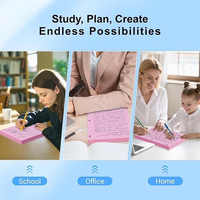 Pink Loose Leaf Paper 300 Sheets 8" x 10.5" Filler Paper, College Ruled 3-Hole Punched, Notebook Paper for 3-Ring Binders Notepad Writing Note Pads To-Do Lists for Office & School Supplies