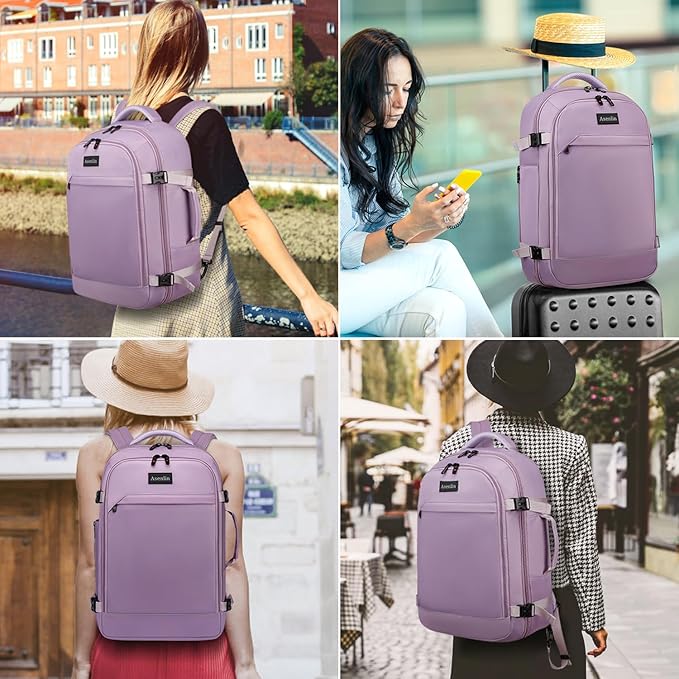 Asenlin Travel Backpack for Women Men,Flight Approved Carry On Luggage 40L Water Resistant Business Laptop Backpacks Fits TSA 17.3 Inch Computer College Weekender Outdoor Hiking-Purple