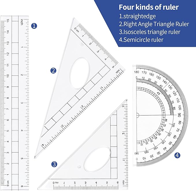 Unjoo Math Geometry Kit Sets 10 Piece Student Supplies with Shatterproof Storage Box,Includes Rulers,Protractor,Compass,Eraser,Pencil Sharpener,Lead Refills,Pencil,for Drafting and Drawings(Navy blue)