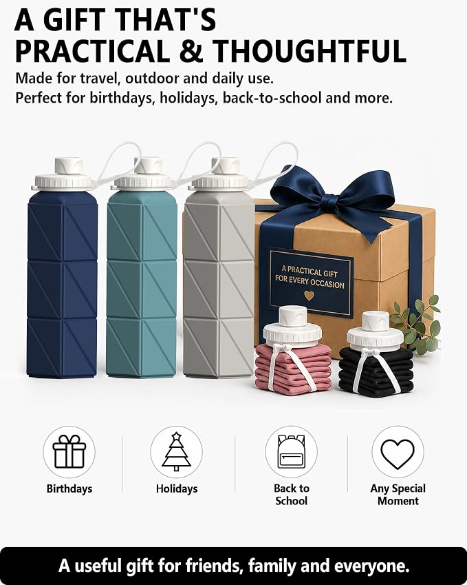BEAUTAIL Collapsible Water Bottles 21oz/610mL, Silicone Travel Water Bottle | BPA Free, Leakproof & Reusable, Foldable Water Bottle for Traveling, Hiking, School, Sports, Outdoor, 2-Pack, Black+DarkBlue