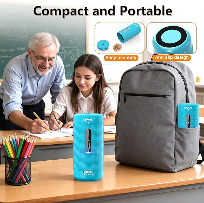 AFMAT Electric Pencil Sharpener, Fully Automatic Pencil Sharpener, Auto in & Out, Rechargeable Hands-Free Sharpeners for Jumbo & Colored Pencils (6.5-12mm), Portable for Home/Classroom/Office PSC2