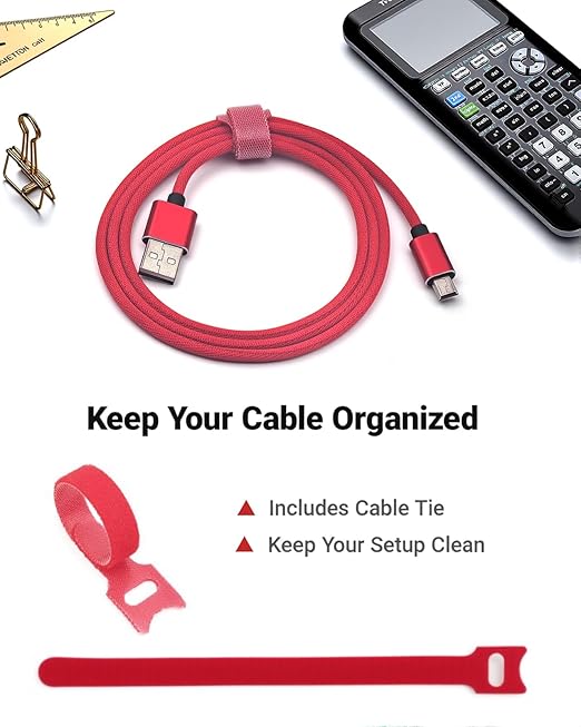 USB Power & Data Cable for TI-84 Plus CE Graphing Calculators, Mini-USB Charging Cord 3.3FT, Nylon Braided, Red