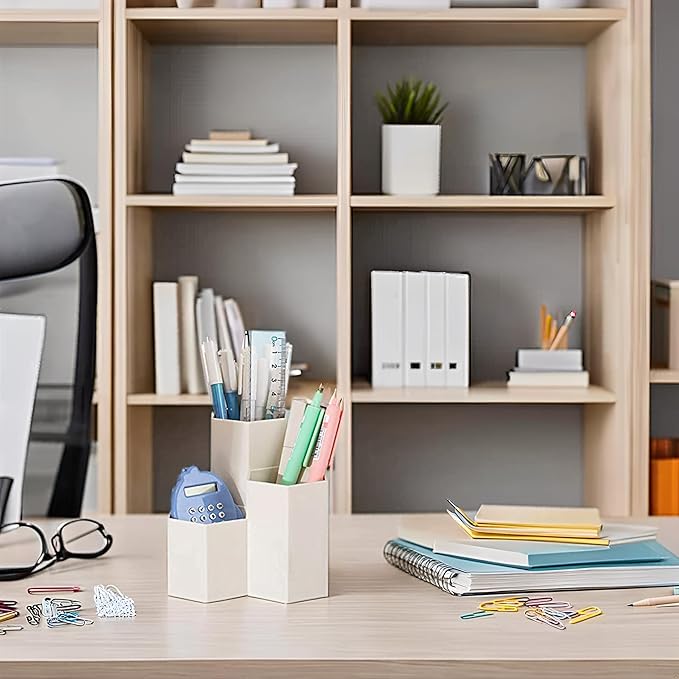 Pen Holder for Desk, White Pens Cup with 3 Compartment Small Desk Organizer Cute Pencil Holder for Office,School and Home (White, Triangular)