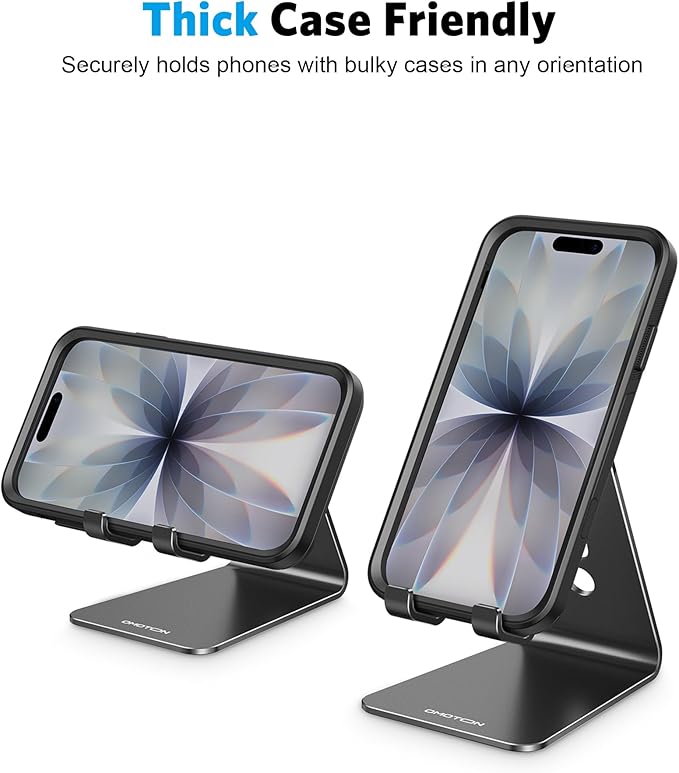 OMOTON Adjustable Cell Phone Stand, C2 Aluminum Desktop Phone Holder Dock Compatible with iPhone 15 14 13 Xs XR 8 Plus 7 6, Samsung Galaxy, Google Pixel, Android Phones, Black