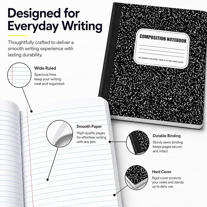 CLEENTABLE Composition Notebook 8 Pack, Wide Ruled Paper, Marble Cover Notebooks for School, 9.75 x 7.5 Inches, 100 Sheets (200 Pages), Sewn Binding Comp Books, Black