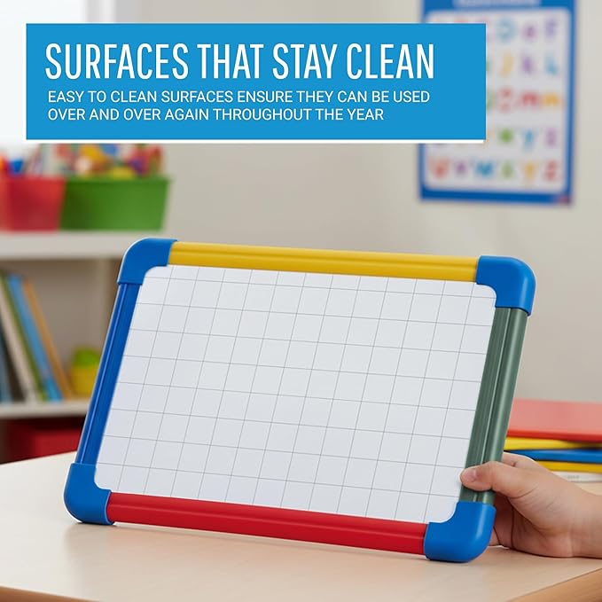 MasterVision Schoolmate Small Dry Erase Lap Whiteboard, 12" x 8", Magnetic Lap Board, Multi-Colored Frame, Double Sided White Board (Blank/Gridded), for Kids, Students, Schools