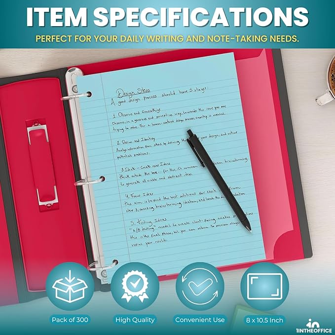 1InTheOffice Loose Leaf Paper Wide Ruled, Pastel Binder Pape, 8" x 10.5", Loose Leaf, 300 Sheets