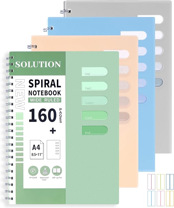 Yoment 4 PCS Spiral Notebook 8.5"x11" for Work School, Large A4 Lined Journal Notebooks for Women Writing, College Ruled Journaling Notebooks, 80 Sheets/Note Book Plastic Cover, Multicolor
