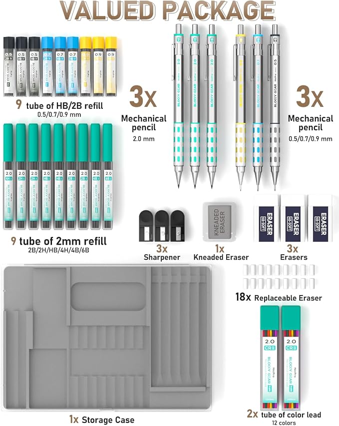 Nicpro 36PCS Blocky Gear Art Mechanical Pencil Set with Case | Metal Mechanical Pencils 0.5/0.7/0.9/2mm Lead Holder for Drawing Sketching with 20 Tubes (6B 4B 2B HB 2H 4H Colors) Refills