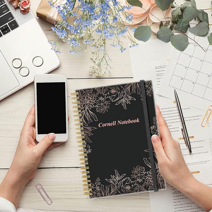 Yaridar A5 Cornell Notes Notebook - College Spiral Cornell Notebooks for Note Taking, Subject College Ruled Steno Pads for Office/School/Home, 5.8" x 8.5", Black Flower