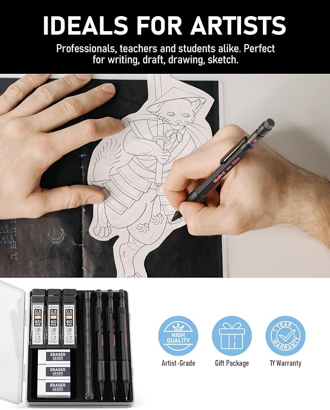 Nicpro 0.5 mm Mechanical Pencil Set with Case, 3PCS Metal Pencils | MP2000 Heavy Duty Lead Pencil + 6 Tube HB Lead Refill, Eraser, Weatherproof Metal Barrel for Outdoor Writing Drafting Drawing