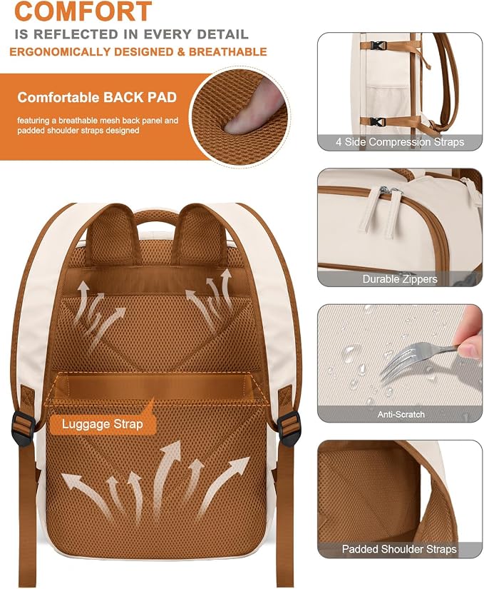 Capolo Travel Backpack for Women Men Waterproof Laptop Backpack Airlines Approved Personal Item Backpack Bag Computer Bookbag for Business, Work, Traveling Fits 15.6 Inch Laptop(Beige &Brown Zipper)