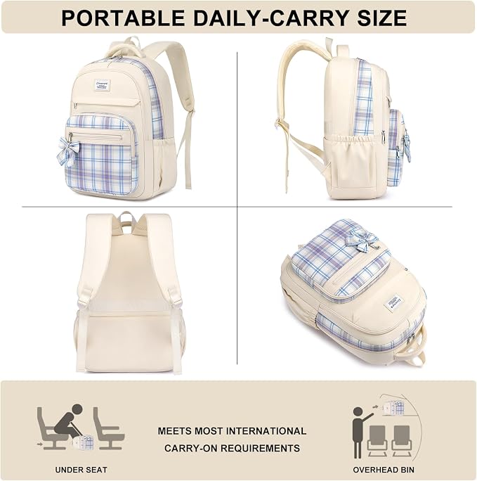 School Backpack for Teen Girls: Cute Bookbags Middle High School College Casual Back Pack 17.3 inch Laptop Backpacks Vintage Bags Women Travel Daypacks Mochilas Escolares Beige