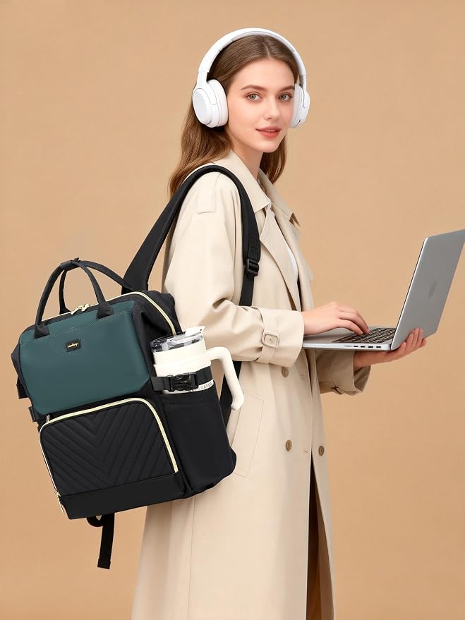 Computer Backpack for Women, Work Bag Laptop Bookbag with Cup Holder & USB Charger for Teacher Nurse College Travel Back Pack, Gifts, Black DarkGreen