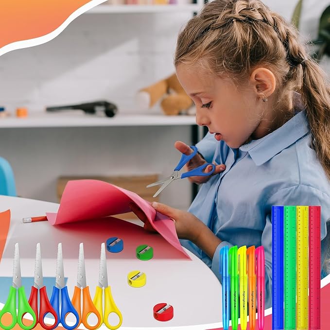 200 Pcs Back to School Supplies Kit Include 50 Student Scissors 50 12 Inch Plastic Rulers 50 Pencil Sharpeners 50 Highlighters for School Classroom Home Charity Donation Supplies (200)