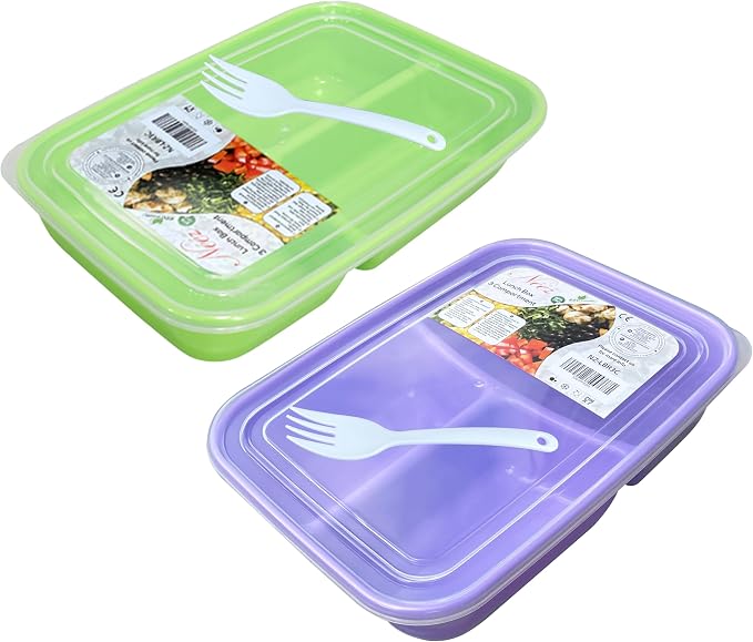Neez 2 Pack Lunch Containers for Adults (48oz/6 Cup) - 3 Compartment Large Bento Lunch Box For Women - Reusable Lunchable Container for Salad, Snack, Meal Prep - Stackable, Microwavable & Leak proof