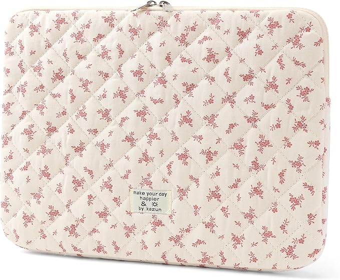 Puffy Laptop Sleeve 15-15.6 Inch Cute Quilted Laptop Protective Case Padded Floral Computer Sleeve for MacBook (A-Pink, 15 Inch)