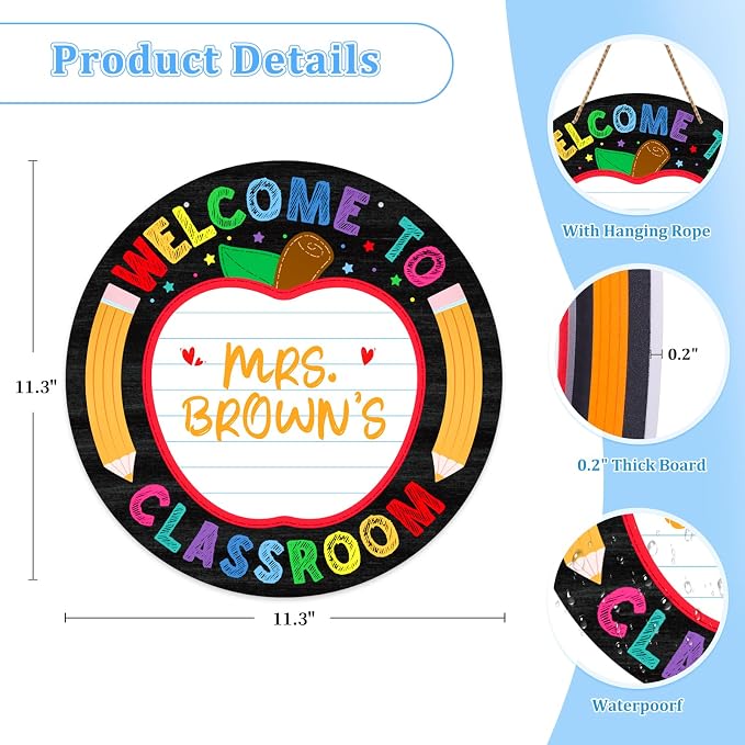 WaaHome Teacher Door Sign Personalized Teacher Name Sign for Classroom 11.3" Welcome Signs for Classroom Decorations, Back to School Classroom Door Hanger for Elementary Teachers Supplies