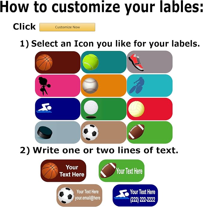 Personalized Labels – Sport’s Icon Designs. 52 Custom Stickers for School, Daycare and Camp. Waterproof Name Labels Dishwasher and Microwave Safe, Machine Washable. (Sports)