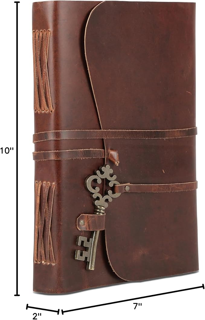 Leather Journal with Deckle Edge Paper 8x6 inch and Vintage Key | Handmade Writing Notebook Diary | Bound Daily Notepad for Men & Women Medium, Sketch/Writing pad for Artists