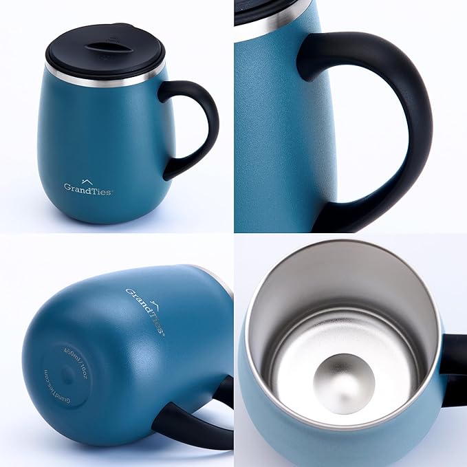 GRANDTIES Insulated Coffee Mug with Handle - Sliding Lid for Splash-Proof 16oz Wine-Glass Shape Thermal Tumbler with Double Walled Vacuum Stainless Steel to Keeps Beverages Hot or Cold-Cobalt Blue