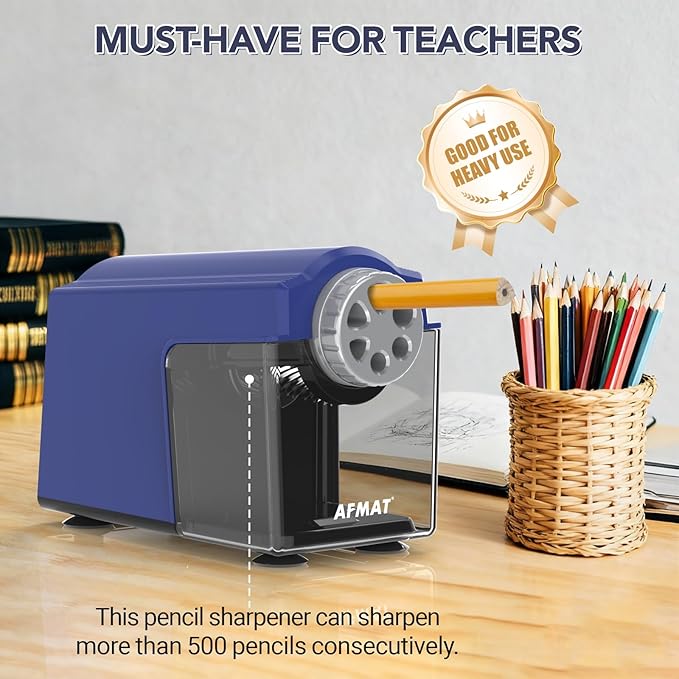AFMAT Electric Pencil Sharpener for Classroom, 6 Holes, Cordless & Rechargeable, Super Fast, Auto Stop, 10K+ Uses, Heavy Duty Pencil Sharpener for 6-11mm No.2/Large/Colored Pencils PSD4(Blue)