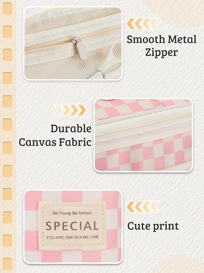 Bigmeta Gingham Expandable Pencil Case for Teens Girls - Pink | Zipper Gusset for Adjustable Capacity, Checkered Cute Pencil Pouch, Stationery Bag Box for Student Back to School Gifts