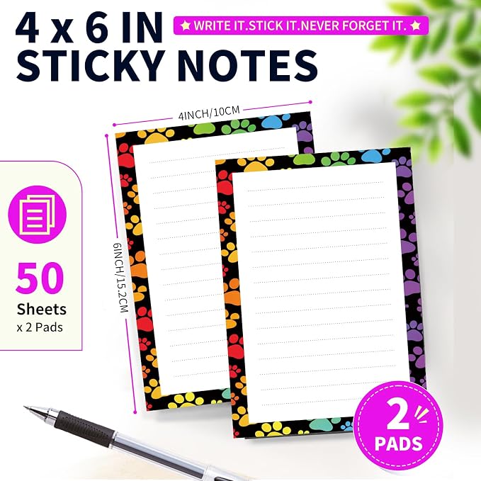 Lined Sticky Notes 4x6 in, 2 Pack Large Cute Notepads with Lines Self-Stick Note Pad, Funny Memo Pads Strong Adhesive for Office, Home Colorful Funny Dog Paws