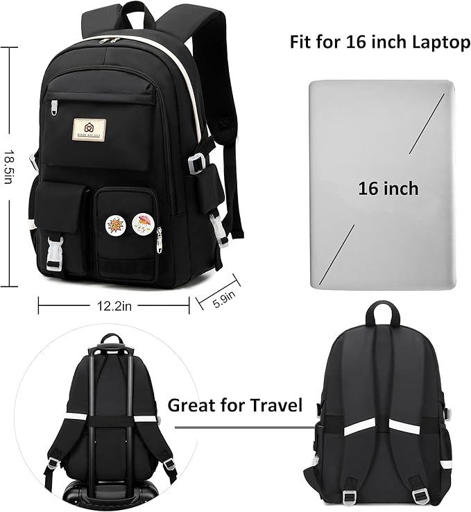 Hidds Laptop Backpacks 15.6 Inch College School Backpack for Girls Women Bookbag Cute Elementary Middle High School Bags Big Anti Theft Travel Daypack Kids Book Bag for Teens Womens Student (Black)